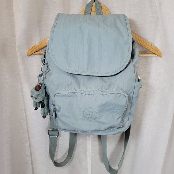 Kipling City Backpack Womens Medium Light Blue Drawstring Flap Monkey Keychain - Picture 1 of 12